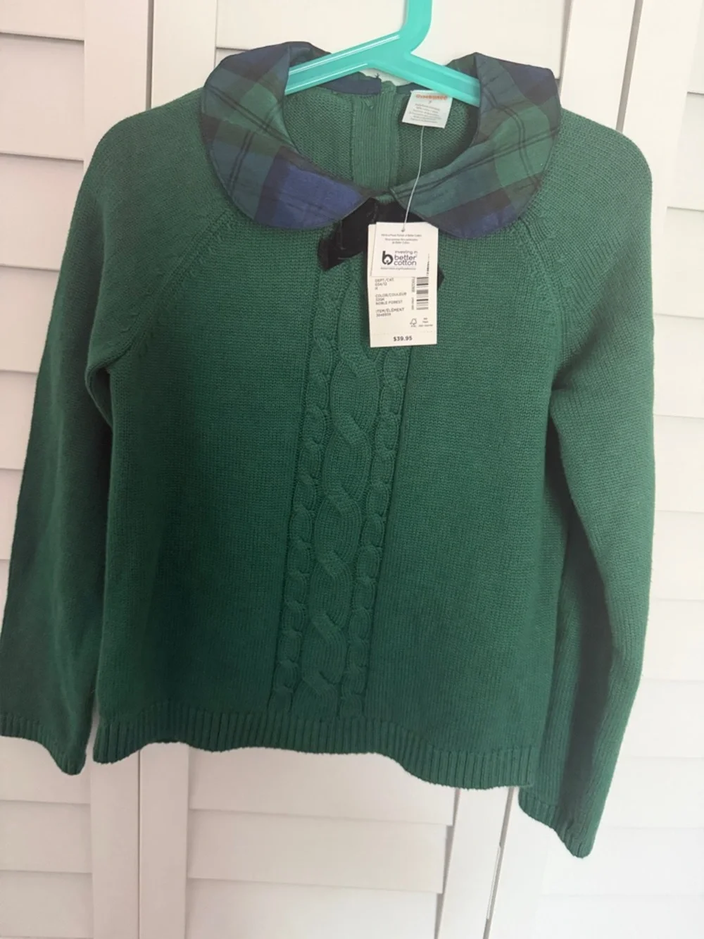 Gymboree Green Cable-Knit Sweater with Plaid Collar